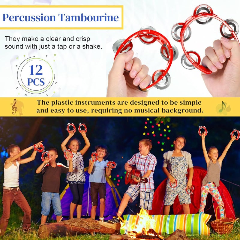 Lukmaa 12 Pcs Plastic Percussion Tambourine with 4 Bells Rhythm Musical Instruments for Adults Hand Tambourine Hand Held Percussion Drum for Party Kindergarten Family School Supplies (Red) - Image 3